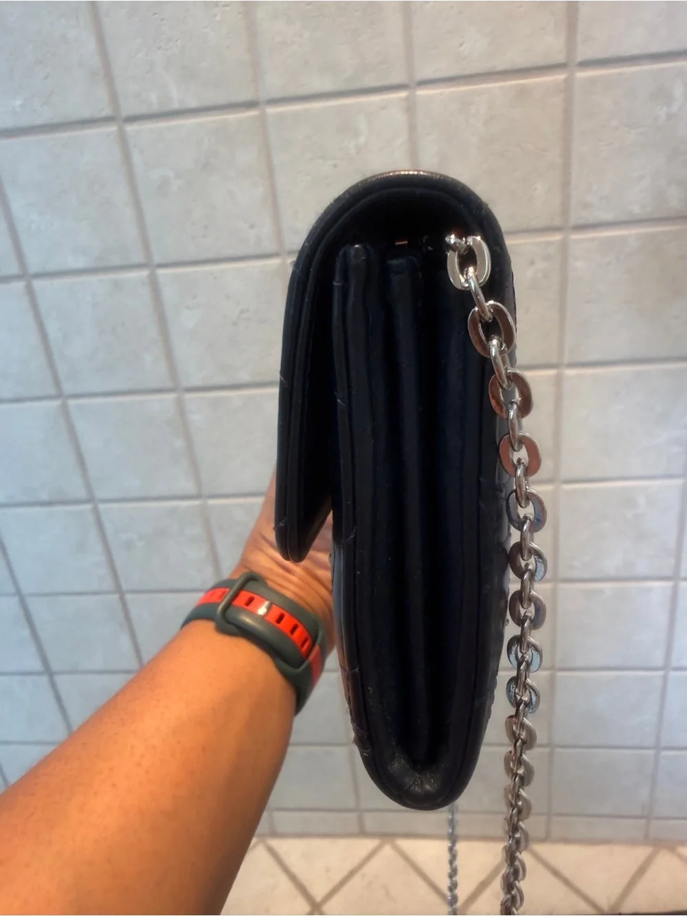 CHANEL Navy Blue Quilted Camellia Studded Leather Wallet, Unbranded Silver Chain